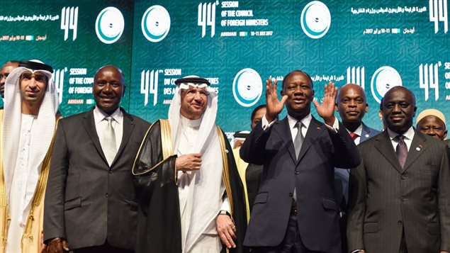 (From 2ndL) Ivory Coast Vice-President, Daniel Kablan Duncan (2ndL), Secretary-General of the Organisation of Islamic Cooperation (OIC), Yousef bin Ahmad al-Othaimeen , Ivory Coast President Alassane Ouattara and Ivory Coast Foreign Minister, Marcel Amon-Tanoh pose for a group photo at the opening of the 44th meeting of the Ministers of Foreign Affairs of the Organisation of Islamic Cooperation (OIC) on July 10, 2017 in Abidjan.