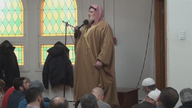 Sheikh Muhammad bin Musa Al-Nasr, a Jordanian imam seen here while giving a sermon at a Montreal mosque, is wanted on charges of wilful promotion of hatred.