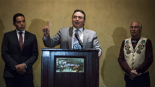 The Assembly of First Nations (AFN) National Chief Perry Bellegarde (centre), Inuit Tapiriit Kanatami (ITK) President Natan Obed (left) and Metis Nation (MNC) President Clement Chartier speak about Indigenous Peoples participation in federal-provincial-territorial intergovernmental meetings during a press conference held in Toronto on Monday.