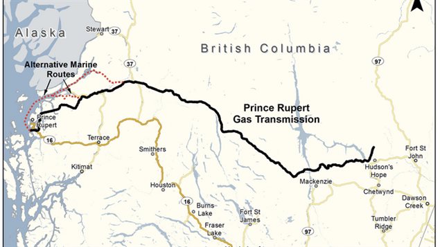 Black line is proposed route for the gas pipeline. Yellow line is Hwy 15.