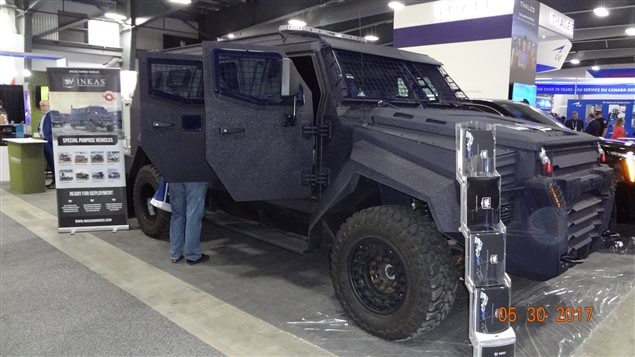 Toronto-based INKAS Armored Vehicle Manufacturing displayes its Sentry Armoured Personnel Carrier at the CANSEC 2017 defence industry trade show in Ottawa on May 30, 2017. The company has signed a contract for the export of these APCs to Azerbaijan.