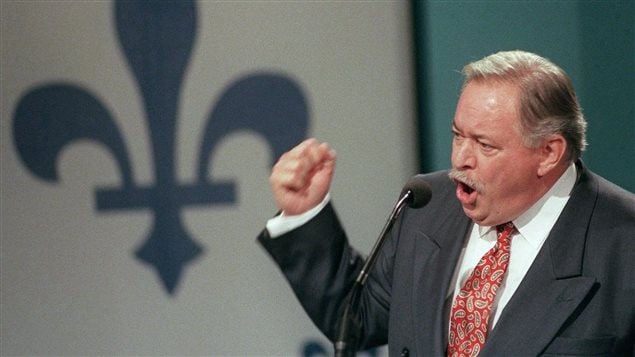 FILE - Quebec Premier Jacques Parizeau gestures during his speech to Yes supporters after losing the referendum in Montreal Monday night, Oct. 30, 1995.