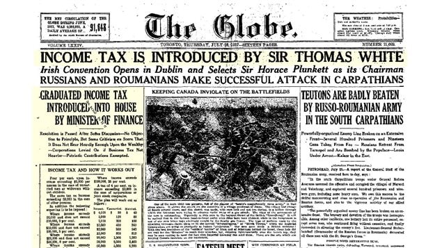 The Globe newspaper in July 1917 announcing the tax as a headline even superceding war news.