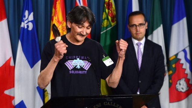 Jerry Natanine, community leader and former mayor of Clyde River, gestures after the Supreme Court quashed seismic testing for oil in Nunavut