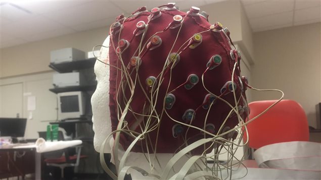 The EEG *helmet*. Sensors inside touch the scalp and register brain activity in the area of each sensor