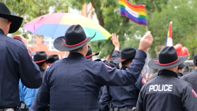 Calgary police march in the 2016 Pride Parade. A group calling itself Voices, the coalition of Calgary’s People of Colour, had asked that police not to wear their uniforms last year, but parade organizers had rejected the idea at the time. (Rachel Maclean/CBC
