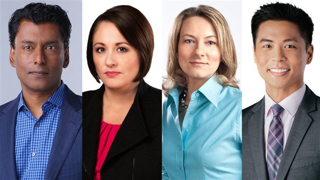 Les nouveaux chefs d’antenne du National (de gauche à droite) : Ian Hanomansing, Rosemary Barton, Adrienne Arsenault et Andrew Chang. Photo : Radio-Canada