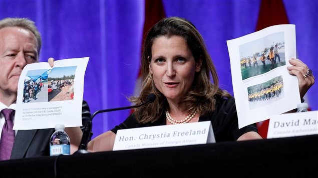 Canadian Foreign Affairs Minister Chrystia Freeland opened her remarks by brandishing photographs of American and Mexican firefighters who have been dispatched to help fight the wildfires ravishing British Columbia. 