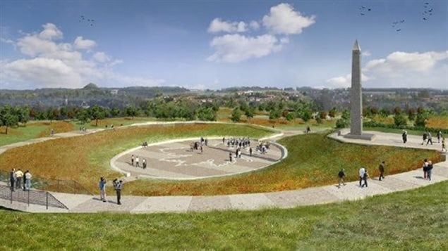 Artist concept of the Hill 70 obelisk and memorial park, near Loos-en Gohelle and overllooking the lareger centre of Lens in northern France 