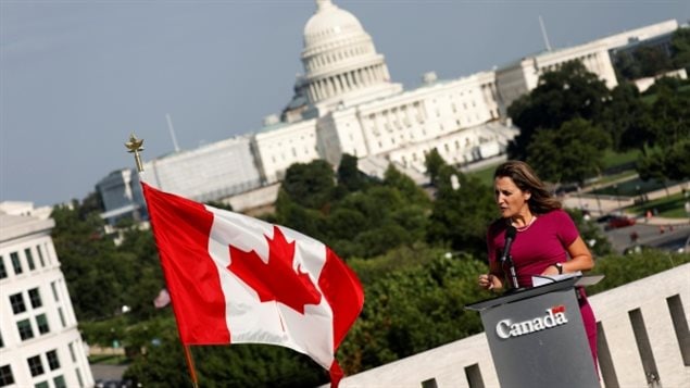Canadian Foreign Minister Chrystia Freeland speaks in Washington at the Canadian embassy as NAFTA renegotiations were about to begin last week.