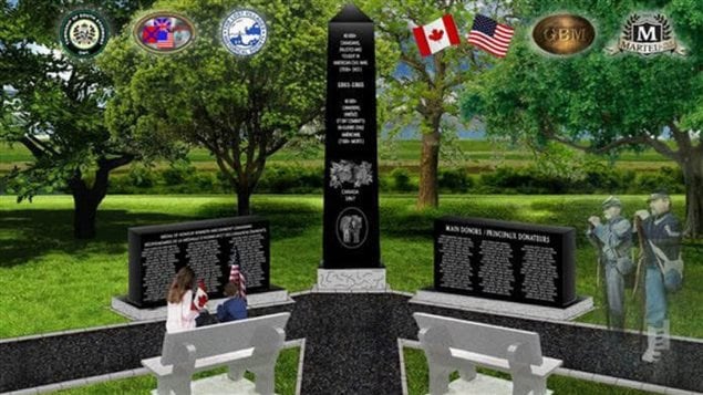 This is an artist’s impression of the final monument design by the Grays and Blues of Montreal and Martel & Sons Inc. featuring a 12-foot tall black granite obelisk on a gray granite base and black granite side walls. Twenty-nine medal of honour recipients, five generals and other prominent Canadians involved in the American Civil War are remembered on the monument. 