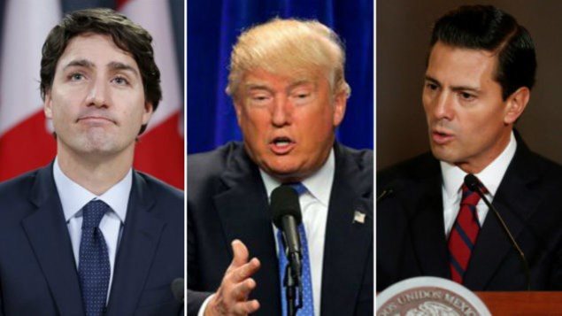 El primer ministro de Canadá, Justin Trudeau, y los presidentes de Estados Unidos y México, Donald Trump y Enrique Peña Nieto.