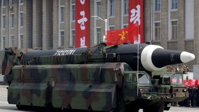 A missile that analysts believe could be the North Korean Hwasong-12 is paraded across Kim Il-sung Square in Pyongyang in April. Any attempt to neutralize the country’s missiles and nuclear sites would not succeed as many are mobile on trucks or vessels and so hard to target.