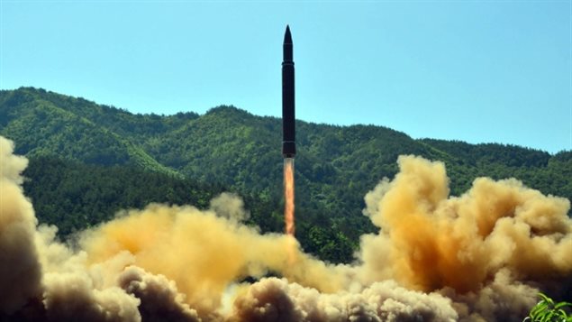 This picture taken released by North Korea’s official Korean Central News Agency shows the successful test-fire of the intercontinental ballistic missile Hwasong-14. There is concern the country will demonstrate it can hit North America by dropping an unarmed missile on an empty patch of ocean or ground. 
