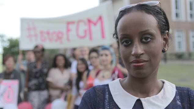 Anti-FGM activist Leyla Hussein with protestors at a rally outside town hall in Maidenhead, UK, on August 30th, 2013. Various estimates say some 60,000 cases of FGM in Britain though the practice was outlawed there in 1985.