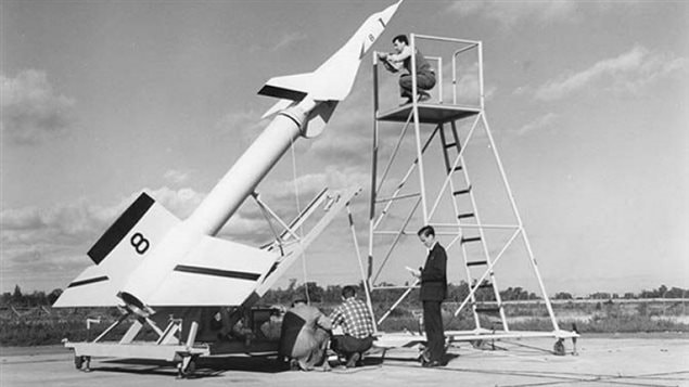 One of the Arrow test models atop a Nike booster prior to a supersonic test flight over Lake Ontario in the mid 1950’s