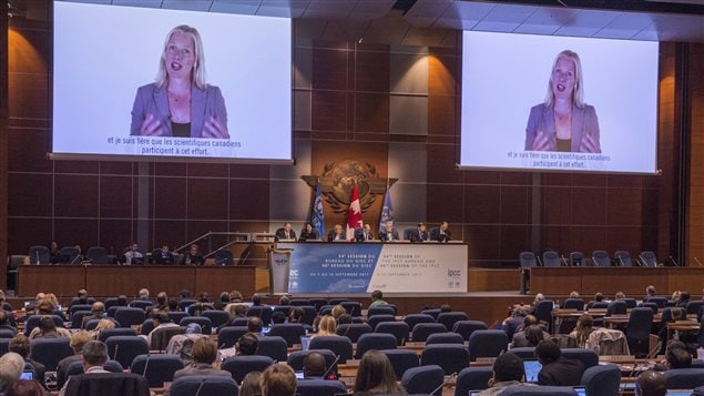 Canadian Minister of Environment and Climate Change Catherine McKenna addresses the opening session of the Intergovernmental Panel on Climate Change via video Wednesday, September 6, 2017 in Montreal. 