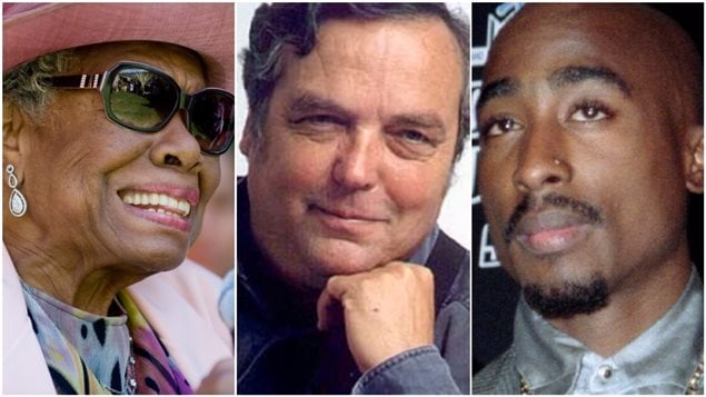 Former Canadian parliamentary poet Pierre DesRuisseaux (centre) has been accused of plagiarizing from poet Maya Angelou (left) and rapper Tupac Shakur (right)