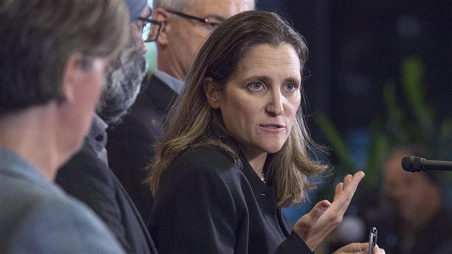 Foreign Affairs Minister Chrystia Freeland talks to reporters about disaster relief as the Liberal cabinet meets in St. John’s, N.L. on Tuesday, Sept. 12, 2017. 