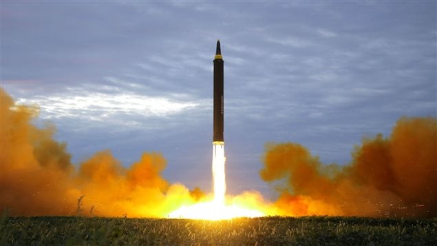 A missile is launched during a long and medium-range ballistic rocket launch drill in this undated photo released by North Korea’s Korean Central News Agency (KCNA) in Pyongyang on August 30, 2017.