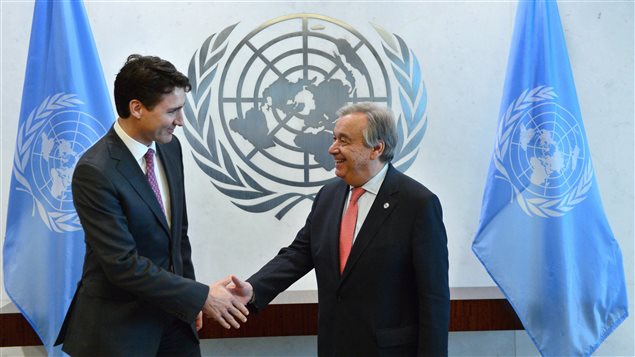 Prime Minister Justin Trudeau shakes hands with UN Secretary General Antonio Guterres at the United Nations on Thursday, April 6, 2017.