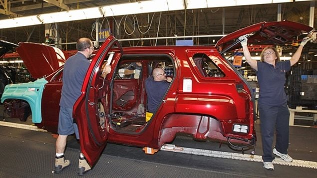 CAMI workers assembling a GM Terrain vehicle in 2013 which was also produced at a Mexican plant. GM moved all Terrain production to Mexico this year, resulting in over 600 job layoffs in Canada. The workers union is now on strike with a main concern being protection of jobs. 