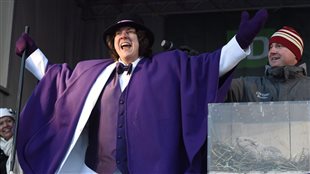 own of South Bruce Peninsula Mayor Janice Jackson declares an early spring after listening to Wiarton Willie's prognostication on Monday morning, Feb. 2, 2015. 