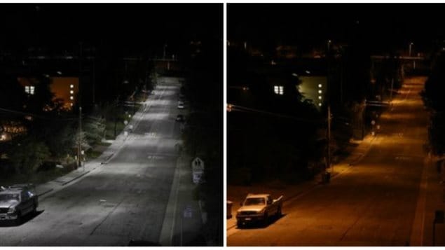 A street in Oakland, Calif., after (left) and before the city installed new GE Lighting LED lights. (GE Lighting. Some applaud the idea it gives them greater security, others that it steals their night and sisturbs sleep
