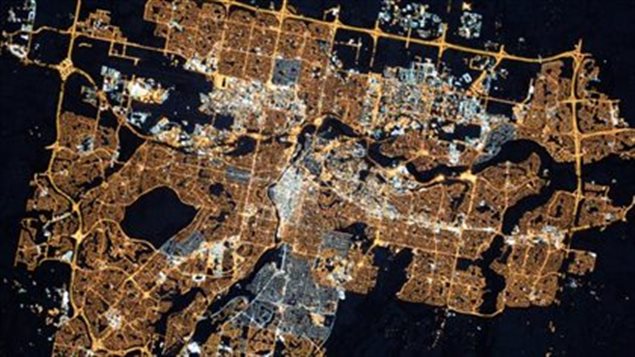 A 2015 photo by space station astronaut Scott Kelly shows the difference in light intensity in Calgary where the city had begun the switch to the bright LEDs showing some areas with LED and most siill lit with the standard sodium lights.