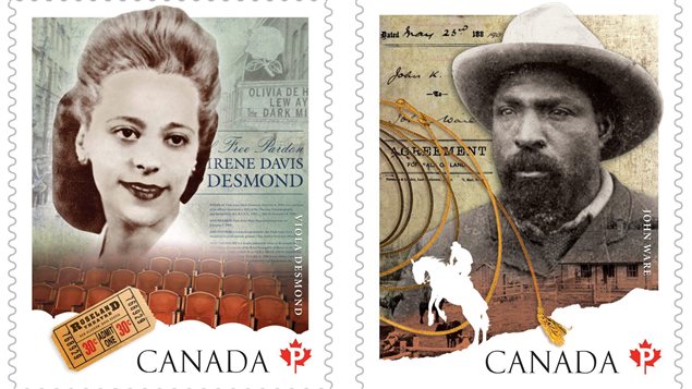 Viola Desmond y John Ware, en sendos sellos postales emitidos en 2012, en reconocimiento a su lucha por los derechos civiles de los negros en el país.