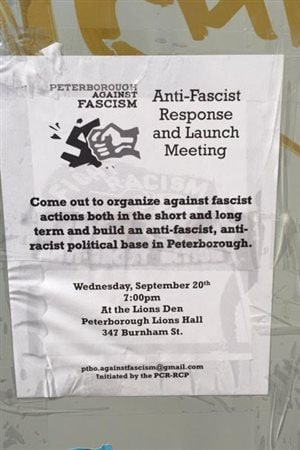 Poster for *anti-fascist* counter rally in Peterborough. In small print at the bottom is says *initiated by the PCR-RCP* which stands for the Canadian group Revolutionary Communist Party