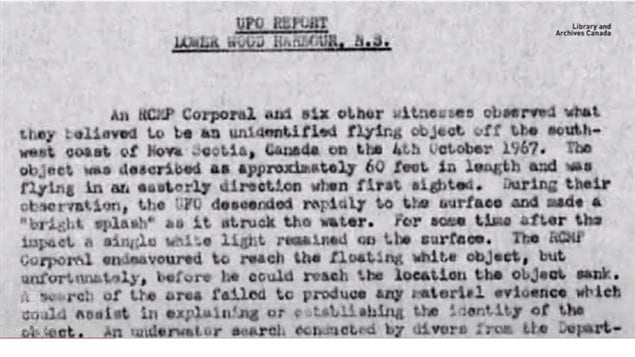 Official report stating that an RCMP officer and several others witnessed the crash and then saw the object floating on the surface for several minutes.