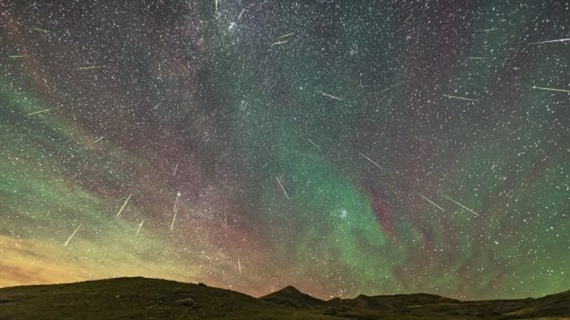 A composite of the Perseid meteor shower, on the peak night, Aug 11/12, 2016 taken by astronomer Alan Dyer