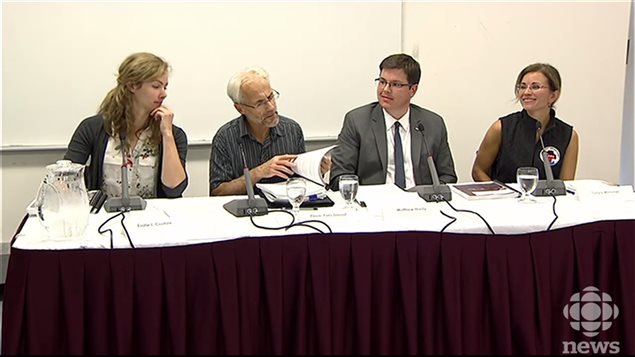 A news conference was called to release the official necropsy results on the dead whales in the Gulf of St Lawrence. (L-R) Émilie L. Couture, a veterinarian with the Zoo de Granby and the Université de Montréal,-Pierre-Yves Daoust, a pathologist and professor at the Atlantic Veterinary College (AVC), a government representative,- Tonya Wimmer, director of the Marine Animal Response Society.