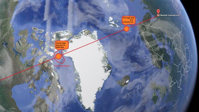 The map depicts the approximate flight path and the location of jettisoned stages of the Rockot launch vehicle. (Radio Canada International/Google Maps)