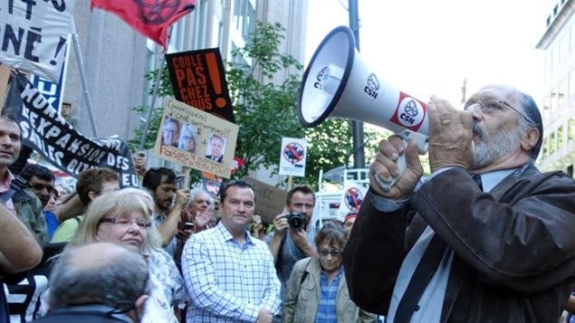 Protesters gathered Aug 2016 outside the building where NEB hearings on the proposed Energy East pipeline were scheduled to take place in downtown Montreal. 