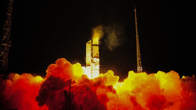 A Rockot launch vehicle lifts of the Sentinel-3A satellite from the Plesetsk Cosmodrome in northern Russia on Feb. 16, 2016. (Stephane Corvaja/European Space Agency)