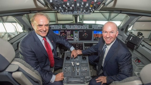 Feb. 2016 Alain Bellemare, right, president and CEO of Bombardier Inc., and Calin Rovinescu, president and CEO of Air Canada, sit in the cockpit of a CSeries jet. Air Canada will buy 45 CSeries jets, but international sales have been slow, and now chilled by Boeing’s tariff challenge