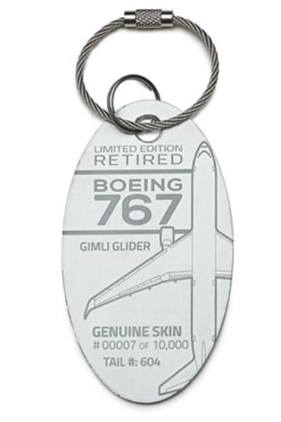 Luggage tags made from the skin of the Gimli Glider are being sold on the internet