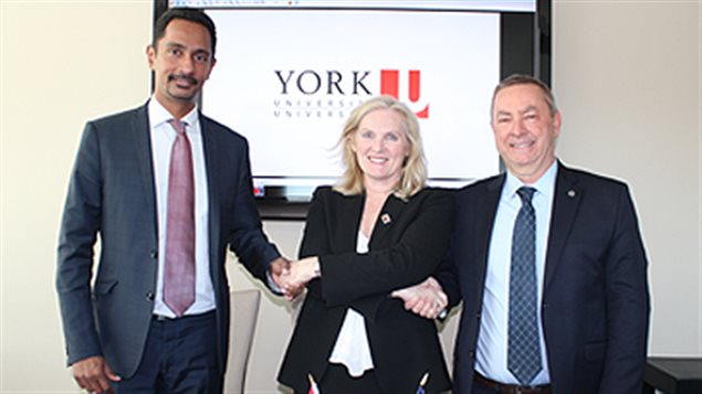 (L-R) Dean of Science Ray Jayawardhana, President & Vice-Chancellor at York U Rhonda Lenton and Director of Fermilab Nigel Lockyer after signing the Memorandum of Understanding to join the 30 country neutrino research experiment in the U.S.