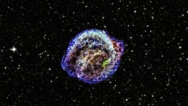 This is the remnant of Kepler’s supernova, the famous explosion that was discovered by Johannes Kepler in 1604. Catastrophic cosmic events such as supernovas are thought to generate high-energy neutrinos and cosmic rays. 