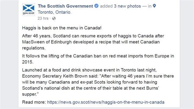 The Facebook announcement of Scots haggis return to Canada