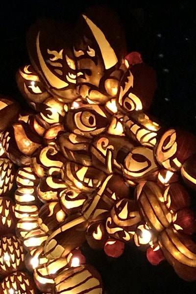 Another dragon- closeup: The head itself is made up of more than two dozen intricately carved pumpkins