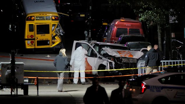 Police investigate a pickup truck used in an attack on the West Side Highway in Manhattan, New York, U.S., November 1, 2017.