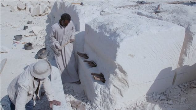Cutting out a three-tonne block of stone from the original quarry. The documentary explores several aspects of the original technology in creating the Great Pyramid