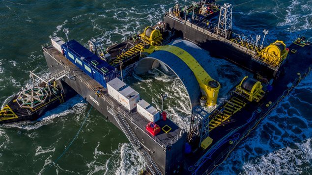 The Scotia Tide deployment barge is towed into position in the Minas Passage near Parrsboro, Nova Scotia on Monday Nov. 7, 2016 in this handout image provided by Cape Sharp Tidal.