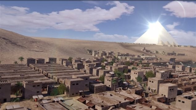 Artist’s concept of the vast village that supported the thousands of workers...who were not slaves as depicted in Hollywood films.