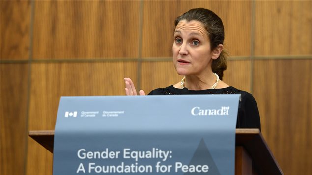 Chrystia Freeland, Minister of Foreign Affairs, makes an announcement on women, peace and security in Ottawa on Wednesday, Nov. 1, 2017. 