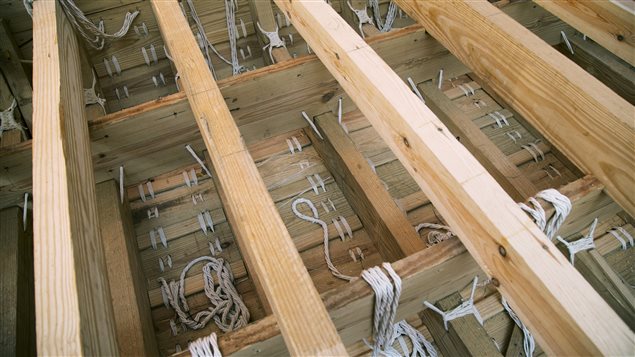 Detail showing ancient method of boat building using rope to bind the wood together in a water tight seal.