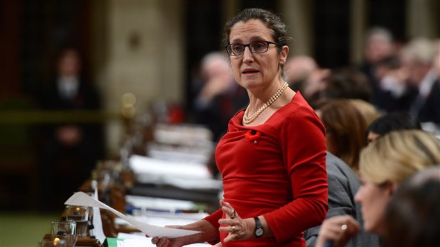 Minister of Foreign Affairs Chrystia Freeland stands during question period in the House of Commons on Parliament Hill in Ottawa on Thursday Nov. 2, 2017.